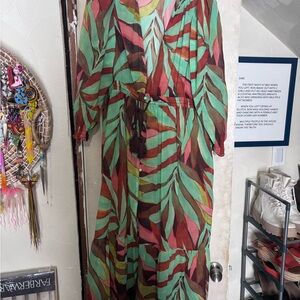 Marie Oliver Green and Red Leaf Print Coverup